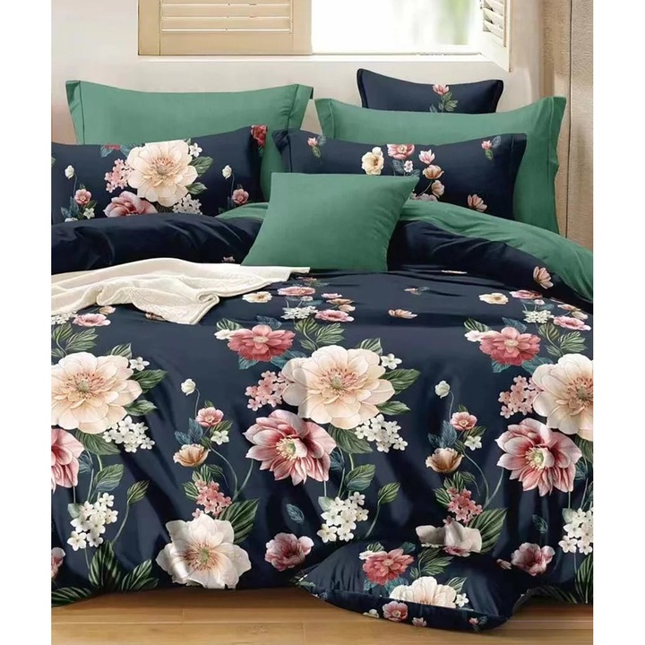 Спално спално бельо фино двойно памучно бельо 6 части 220 x 240 см, пролетни цветя, синьо зелено, Ralex Pucioasa M227