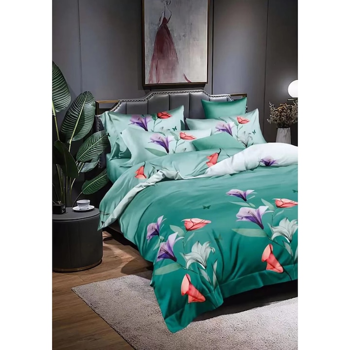 Спално спално бельо от фино двойно памучно бельо 6 части 220 x 240 см, Elegant, Green, Ralex Pucioasa M212