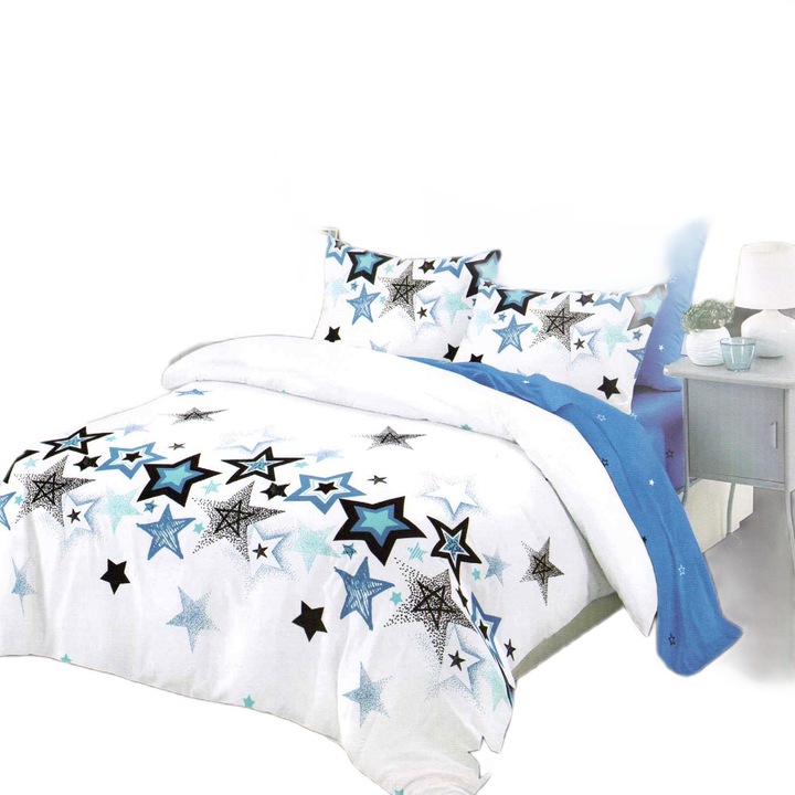 Спално спално бельо от фино двойно памучно бельо 6 части 220 x 240 см, Звезди, Бяло / Синьо, Ralex Fucioasa M310