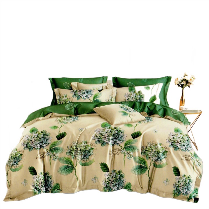 Спално спално бельо от фино двойно памучно бельо 6 части 220 x 240 см, Цъфтящи клонки Бежово / Зелено, Ralex Pucioasa M323