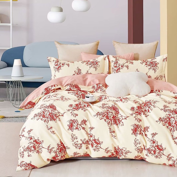 Lenjerie de pat dublu king size Percalle imprimat Bumbac 100% 6 piese cearsaf pat 240x260 cm, pilota 200x230 cm, 2 fete perne 50x70 cm, 2 fete perne 70x70 cm Crengute Roz / Crem, Pucioasa