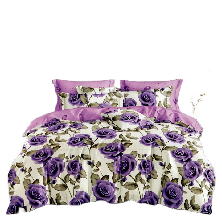 Спално спално бельо от фино двойно памучно бельо 6 части с ластик при чаршафа 180 х 200 см, щампа рози, лилаво, Ralex Pucioasa HF6P133
