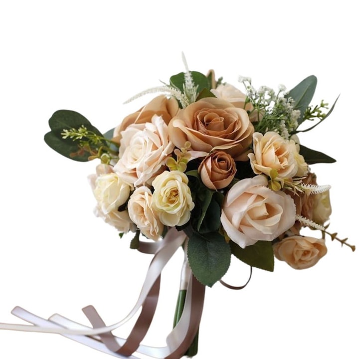 Buchet Artificial 15 Trandafiri, Decor Nunta, Poliester, Maro Sampanie, 30x40x30cm
