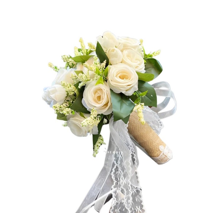 Buchet artificial, decor nunta, poliester, alb-sampanie, 30x40x30cm