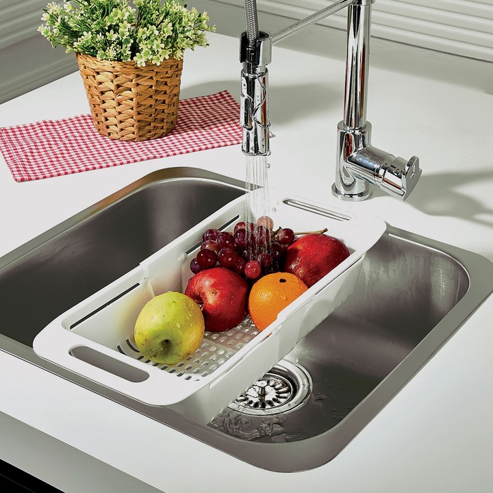 Strecuratoare Chiuveta Extensibila, Plastic, Dimensiune 32x20 cm, Culoare Alba