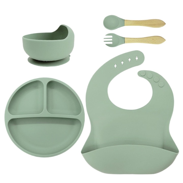 Set de hranire pentru bebelusi din 5 bucati, silicon/lemn, fara BPA, include baveta, bol cu ​​ventuza, lingura si furculita, tava despartitoare cu 4 ventuze, potrivita pentru utilizari multiple, verde