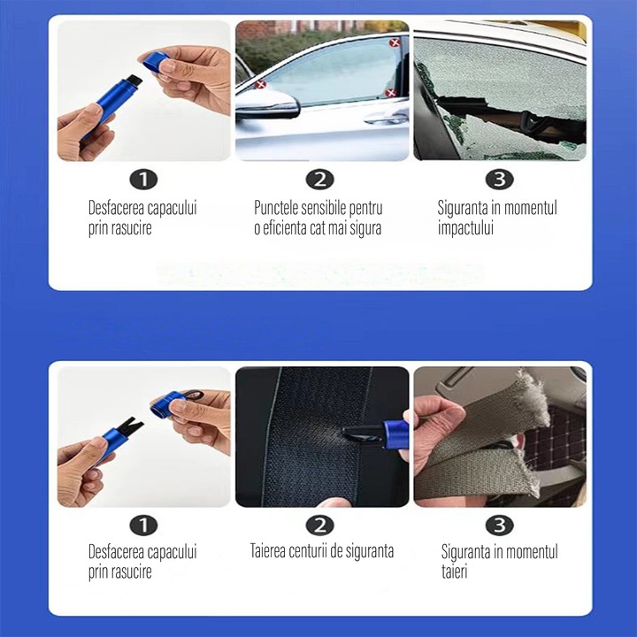 Ciocan parbriz si cutter centura auto, petru situatii de urgenta, accidente, momente critice, compact, Forta la impact de 6 kg, Spargerea geamului in 1 sec, Rosu