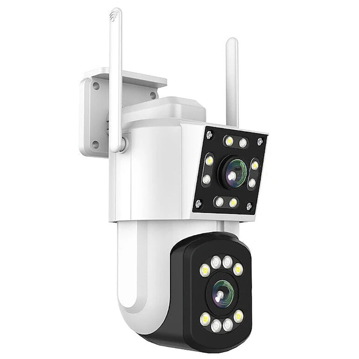 Camera de supraveghere wireless, dubla, cu unghi de 365°, rezolutie HD, LED-uri pentru lumina, senzor de miscare, interfon vocal, night vision, alb