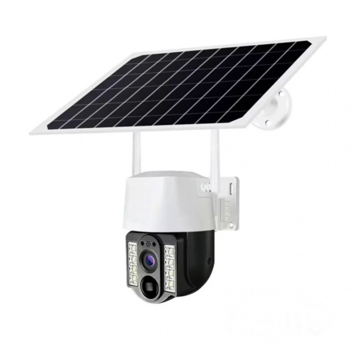 4G камера за наблюдение със сим карта, соларен панел, инфрачервен, детектор за движение, въртене по обект, микрофон, високоговорител, бял