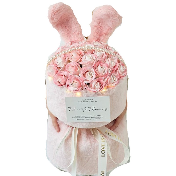 Set Aranjament Floral, Trandafiri Textil Roz, cu Lumina si Decoratiuni, 22x33x20cm