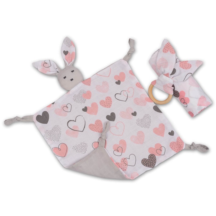 Комплект от муселин от 3 части Kidizi® Pink Hearts, включващ муселиново одеяло, играчка за прикрепване и дървена халка за зъби