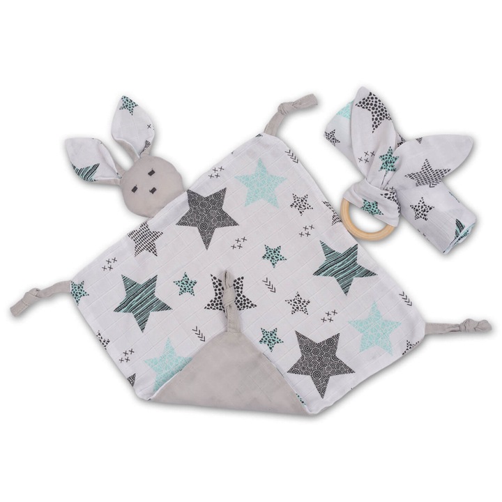 Комплект от муселин Kidizi® All Mint Stars от 3 части, включва одеяло от муселин, играчка и дървен пръстен за зъби