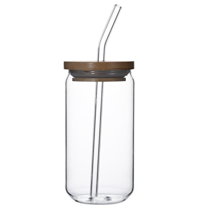 Pahar din sticla borosilicata transparenta, cu capac din bambus si pai sticla transparent, inchidere etansa, pentru bauturi reci/calde, capacitate 470 ml
