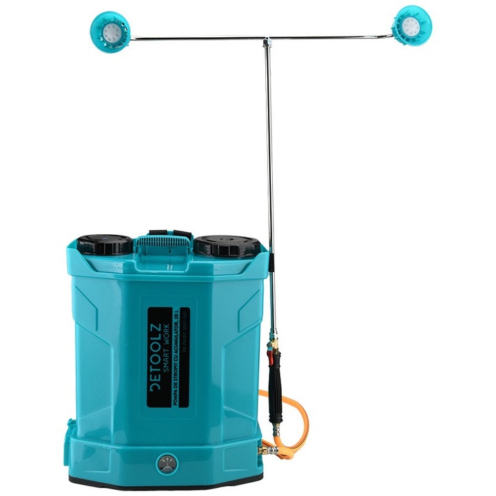 Pompa de stropit cu acumulator DETOOLZ, 8 Ah, volum rezervor 20 litri, debit 2.6 l/min, presiune 5.5 bar, tija telescopica 56-97 cm