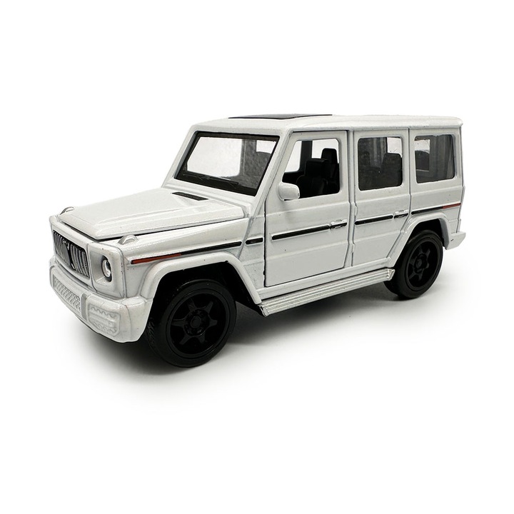 Mercedes Benz G-osztály fém modell, 1:36, fehér, visszahúzható motor, fények, hangok, ajtók nyitva, motorháztető, csomagtérajtó, VisionXXI
