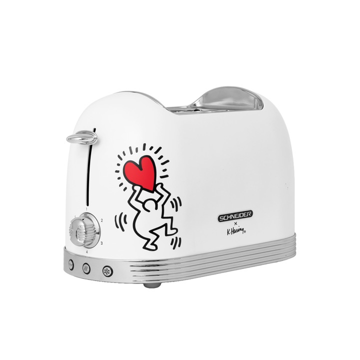 Kenyérpirító Retro Schneider, Keith Haring Collection, 2 szelet, Tech Art minta, 6 teljesítményszint, törlés funkció, automatikus leállítás, leolvasztás funkció, központosító funkció, morzsatálca, csúszásmentes lábak, nosztalgikus dizájn, fehér