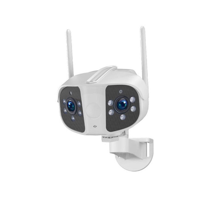 Двойна камера за наблюдение, панорамен изглед, 180° всяка леща, WIFI, 1080P Ultra HD, 100x увеличение, двупосочна комуникация, сензор за движение с автоматично задействане на аларма, нощно виждане, светодиоди, облачно съхранение + 64GB карта за подарък