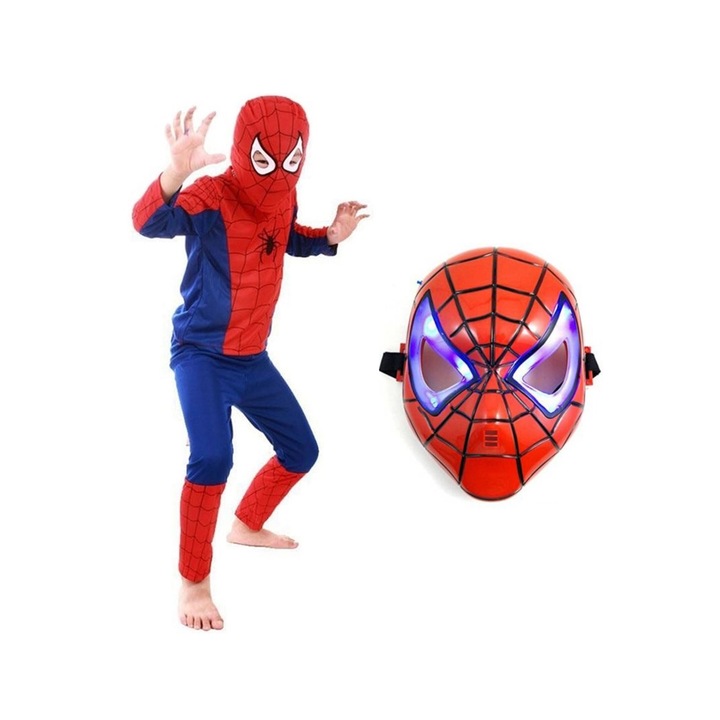 Set costum Spiderman KidMania® si masca cu lumini pentru copii, 3-5 ani, 100 - 110 cm