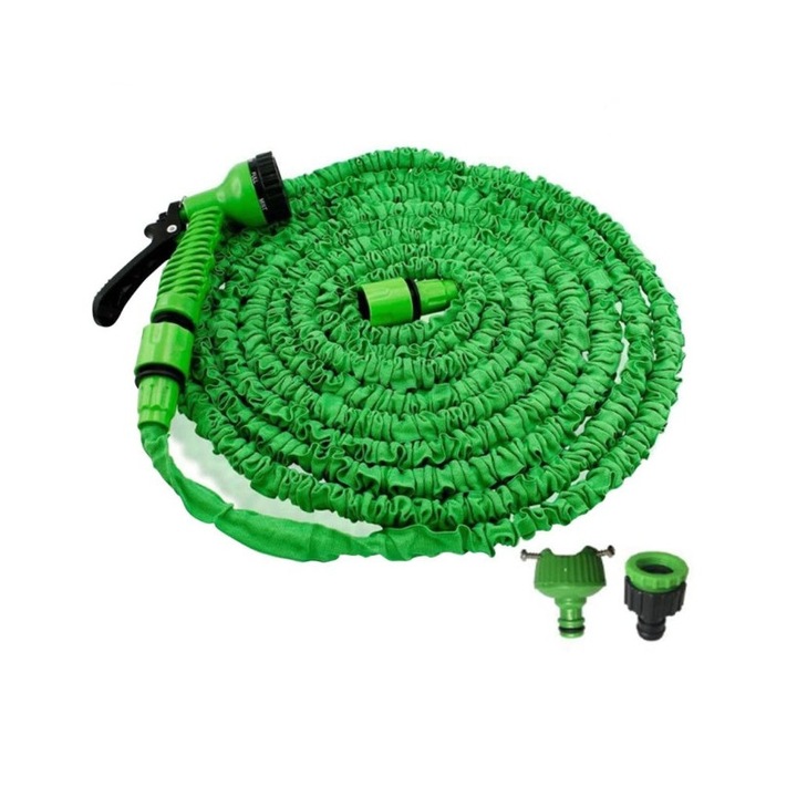 Разтегателен градински маркуч за поливане със 7 функции, с конектори, дълъг 30 м, зелен, Stuffix