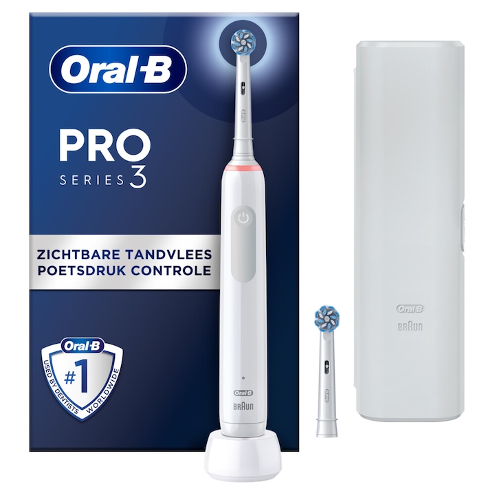 Elektromos fogkefe Oral-B Pro 3 Sensitive Clean, 3D tisztítás, 3 program, 2 fej, Utazókészlet, Fehér