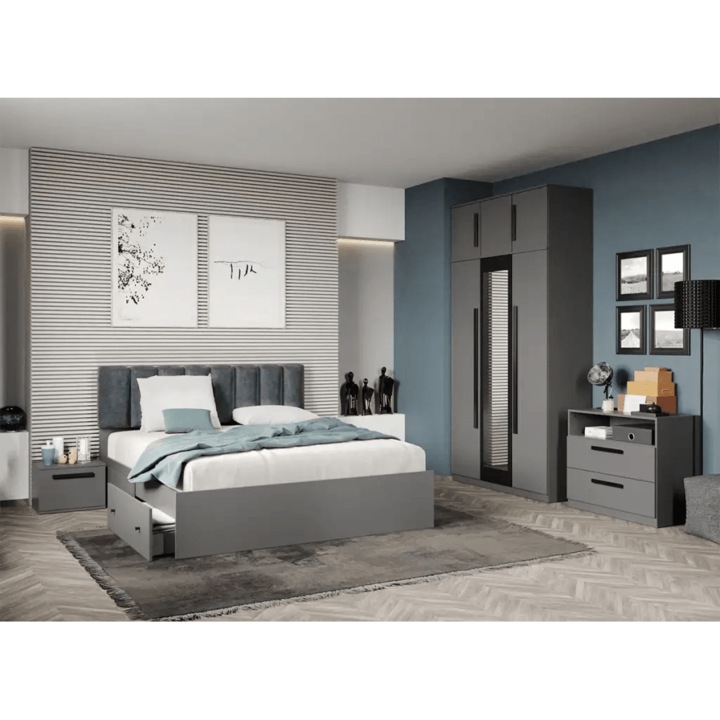 Set dormitor, Gri Antracit, Dallas, C29, Dulap, Comoda, Pat 160x200, Noptiere