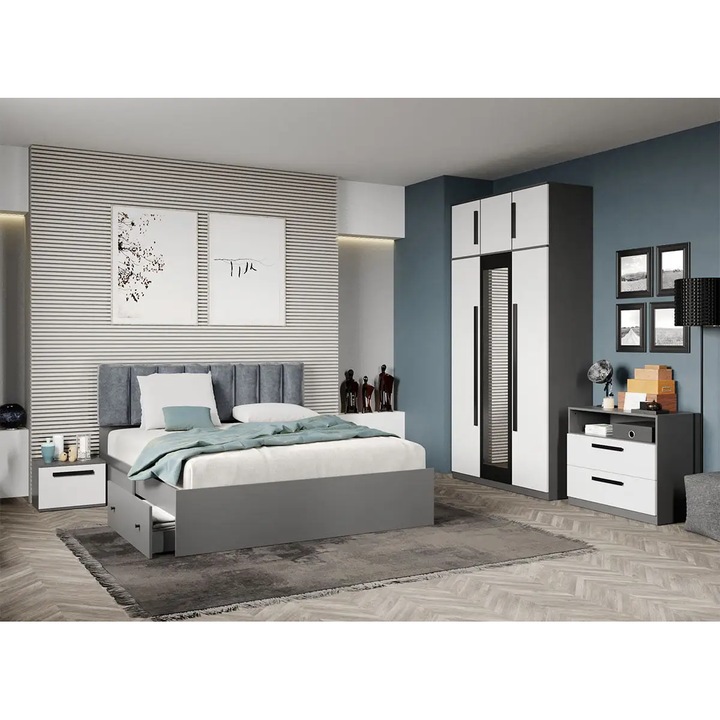 Set dormitor, Alb cu Gri, Dallas, C17, Dulap, Comoda, Pat 160x200, Noptiere