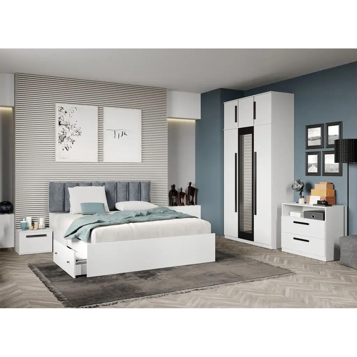 Set dormitor, Dallas, Alb, C21, Dulap, Comoda, Pat 160x200, Noptiere