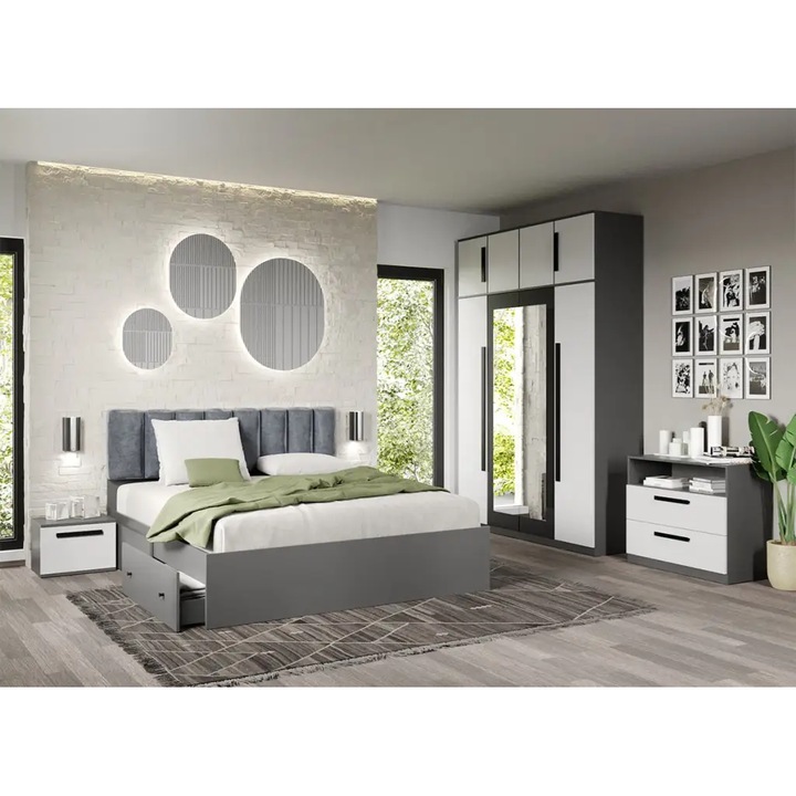 Set dormitor, Alb cu Gri, Dallas, C01, Dulap, Comoda, Pat 160x200, Noptiere