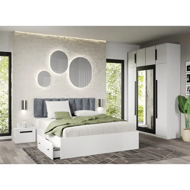 Set dormitor, Dallas, fara comoda, Alb, C07, Dulap, Pat 160x200, Noptiere