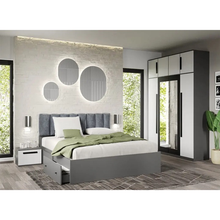 Set dormitor, Dallas, fara comoda, Alb cu Gri, C03, Dulap, Pat 160x200, Noptiere