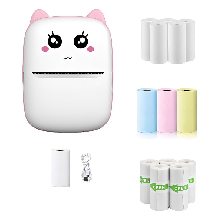 Set Imprimanta termica portabila, Bluetooth, 57mm, roz, 11x8x3.5cm