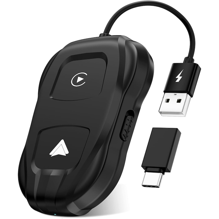 CarPlay és Android Auto 2 az 1-ben vezeték nélküli adapter, Kompatibilis Apple iOS 10 és Apple ios 10+ és Android 11 és Android 11+ eszközökkel, automatikusan csatlakozik, WiFi 5 GHz, egyszerű Plug and Play konfiguráció, Google Voice, Fekete