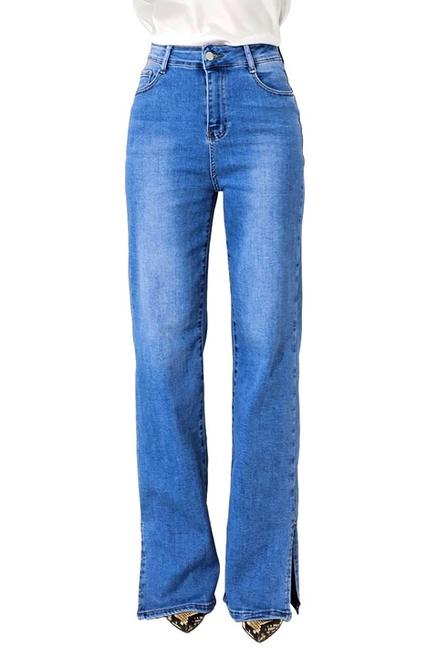 Montery mom fit дънки, с къса цепка на крачола и перфорации, Бледо синьо