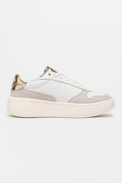 Fila, Pantofi sport de piele si piele intoarsa Premium, Auriu, Alb, 36