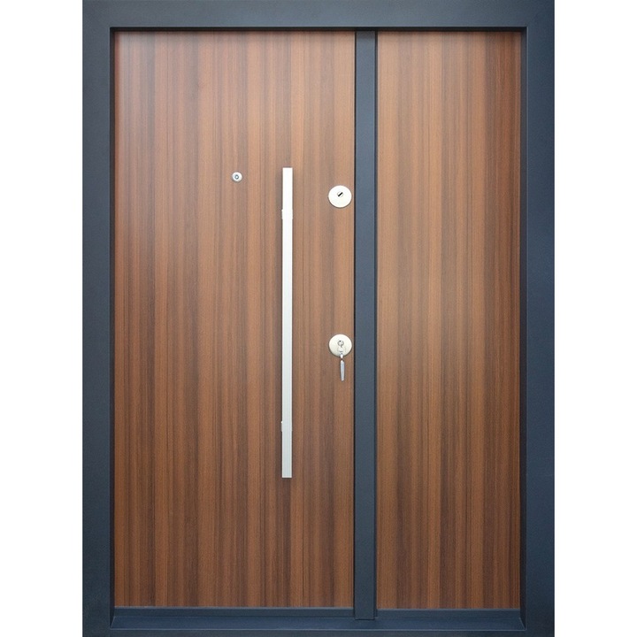 Usa metalica dubla de exterior cu izolatie si vizor Novo Doors NDS1400, Din compozit, Deschidere stanga, 2 yale, dimensiune 208X140 cm, Interior alb, Kit complet, Pentru case, Maron model Nuc