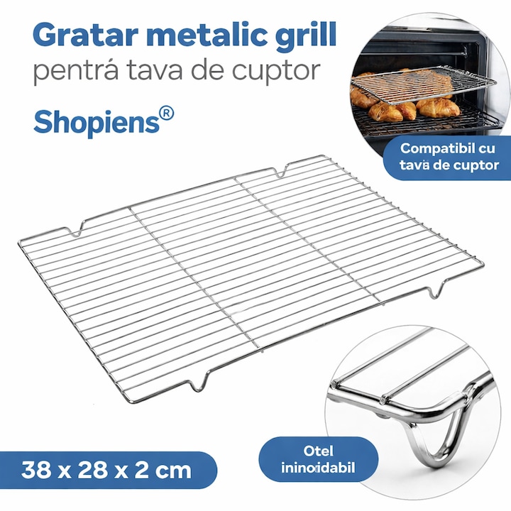Gratar metalic grill pentru tava de cuptor Shopiens®, 38 x 28 x 2 cm