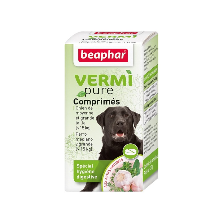 Tablete digestive antiparazitare interna pentru caini peste 15 kg, BEAPHAR Vermi Pure, 50 buc