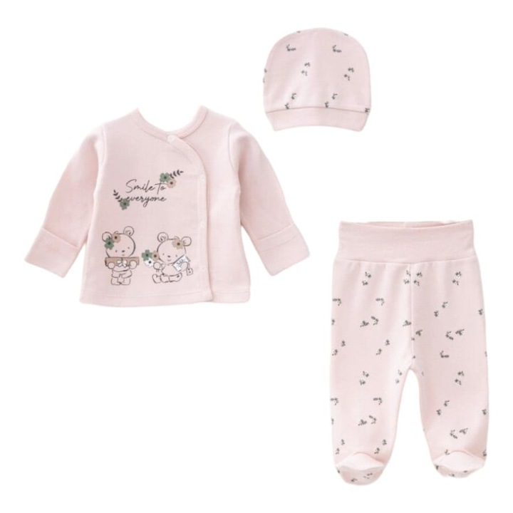 Set 3 piese SMILE TO EVERYONE pentru bebelusi, ERAKIDS, imprimeu "Ursuletii zambareti", 100% bumbac premium, Roz, 50-62 CM