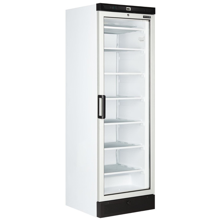 Congelator tip vitrina Tefcold, UFFS371G, temperatura reglabila -24 to -14 °C, H 184 cm, capacitate 270 l, functie anticondens, iluminare interioara LED, display digital, usa din sticla, incuietoare, ideal pentru HoReCa/baruri, alb