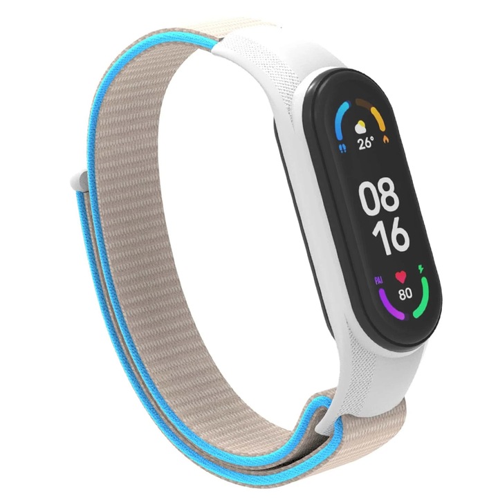 Curea din Nailon cu arici, ajustabila Bacara®, pentru Femei/Barbati, Rezistent la Apa si Transpiratie, Sport, Prietenos cu Pielea, compatibil Xiaomi Mi Band 3, 4, 5, 6 Activ Mag - Crem Orange Blue
