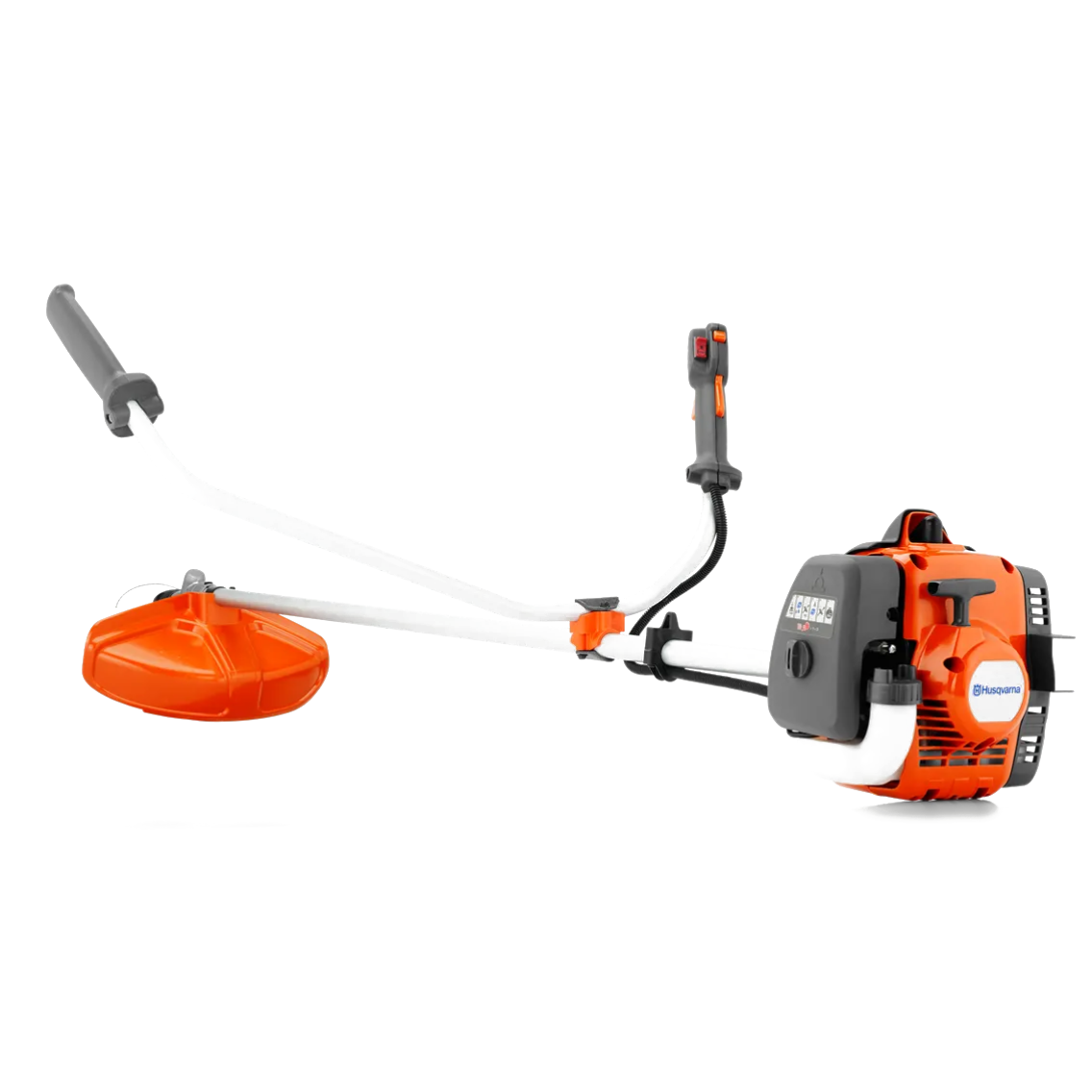 Motocoasa de tuns gazon/iarba pe benzina Husqvarna 129 R, putere 1.14 CP, 0.85 KW, 27 CC, motor 2 timpi, latime taiere 43 cm, contine: ham dublu + disc de taiat iarba + bobina fir