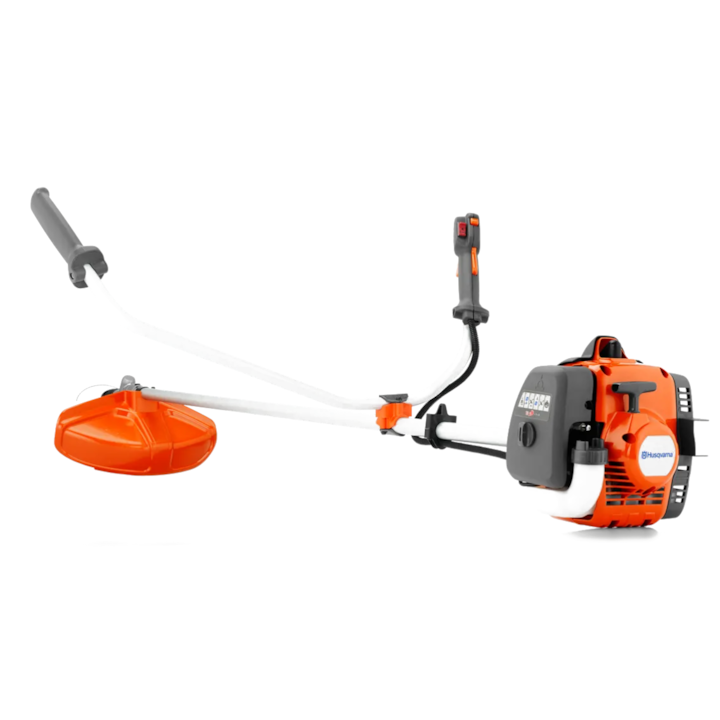 Motocoasa de tuns gazon/iarba pe benzina Husqvarna 129 R, putere 1.14 CP, 0.85 KW, 27 CC, motor 2 timpi, latime taiere 43 cm, contine: ham dublu + disc de taiat iarba + bobina fir