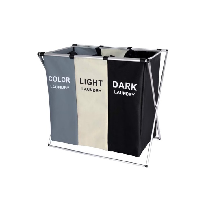 Cos de rufe pliabil cu 3 compartimente, Crem/Negru/Gri