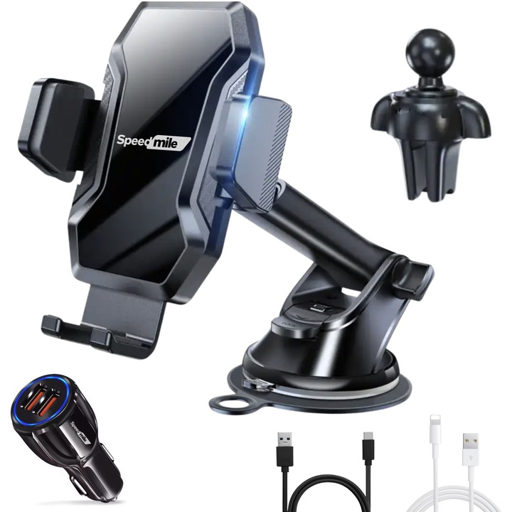 Suport Auto pentru Telefon 3 in 1 Speedmile™, Brat Reglabil, ideal pentru Bord, Parbriz, Grila Ventilatie, 1x Cablu Type-C, 1x Cablu Lightning si 1x Adaptor Auto Fast Charging 3.0 incluse