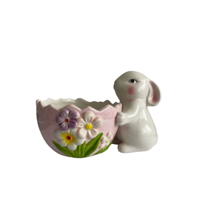 Керамична купа със зайче за великденски яйца Розова