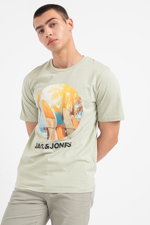 Jack & Jones, Тениска Navin с лого и шарка, Черен/Тъмнозелен