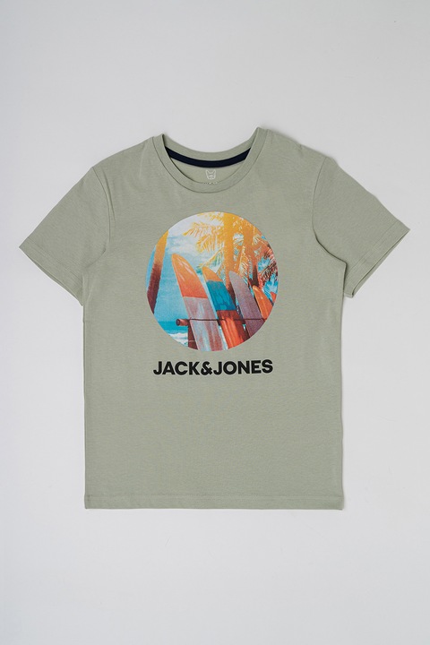 Jack & Jones, Tricou cu decolteu la baza gatului si imprimeu Navin, Corai/Verde pal/Albastru