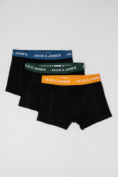 Jack & Jones, Set de boxeri din amestec de bumbac cu banda logo in talie - 3 perechi, Verde englez/Negru