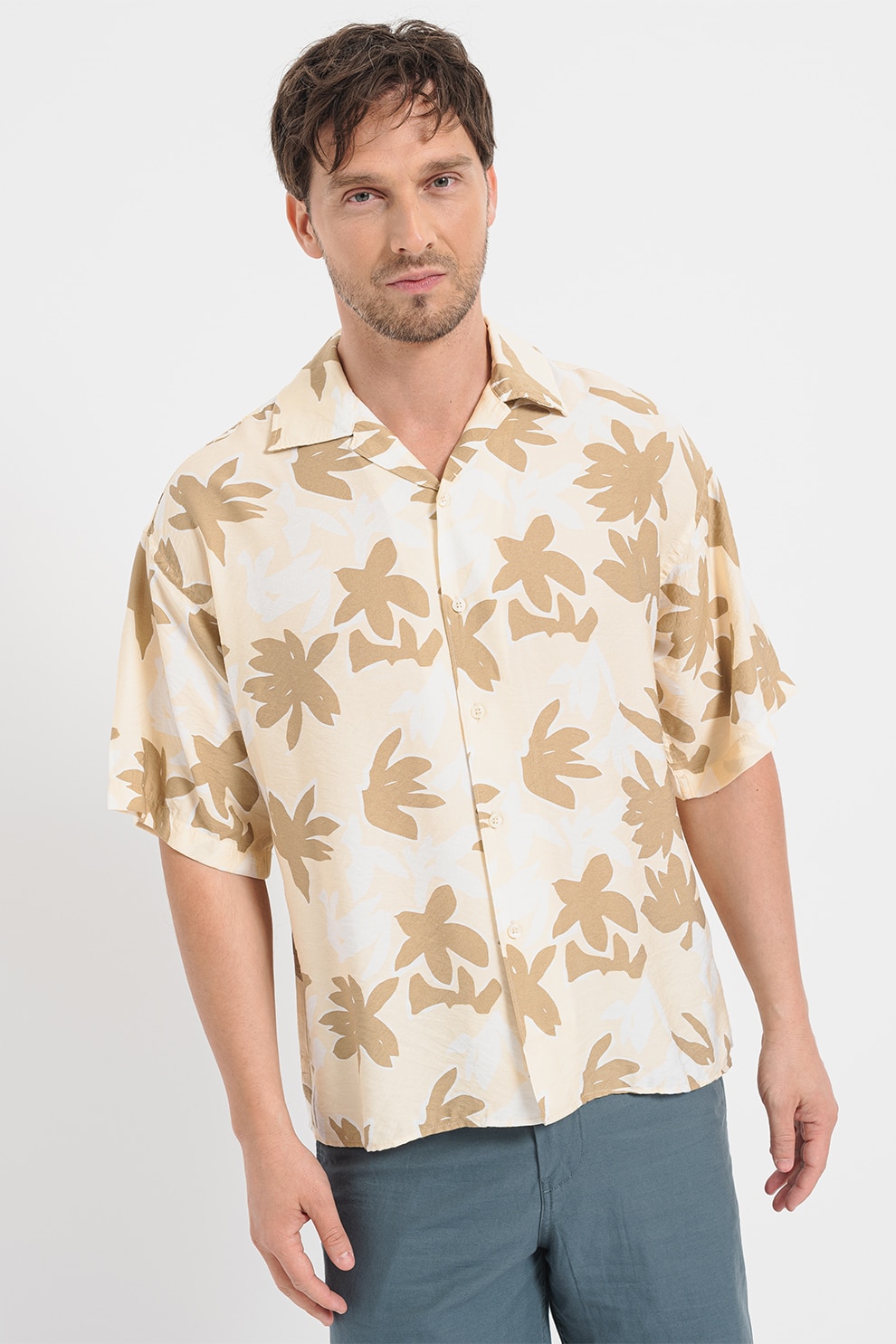 Jack & Jones, Camasa lejara cu imprimeu si revere, Alb, Kaki, Galben pal, L