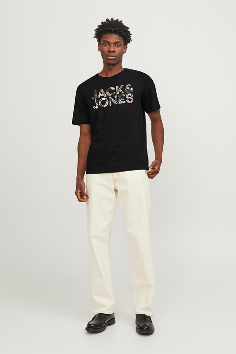 Jack & Jones, Памучна тениска с лого, Розово/Черен